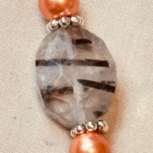 925 Sterling Silver Chain Peach Beads, Rutilated Quartz & Om Charm Hand Made - Picture 3 of 11